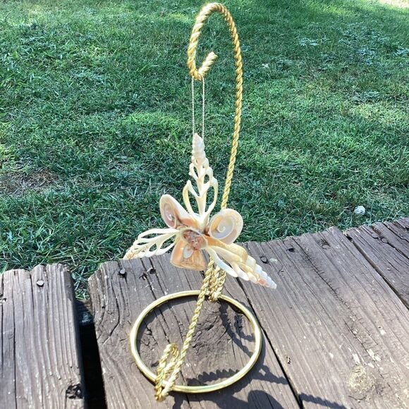 Handmade Seashell Butterfly Ornament with Gold Stand Coastal Nautical Decor - Picture 1 of 5